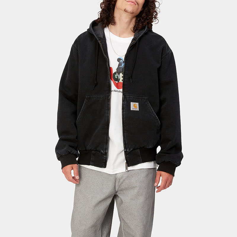 Sizing Carhartt WIP FW23 Jaket Denim Active Stonewashed Hitam Hoodie Pakaian Kerja. I032232-89-06