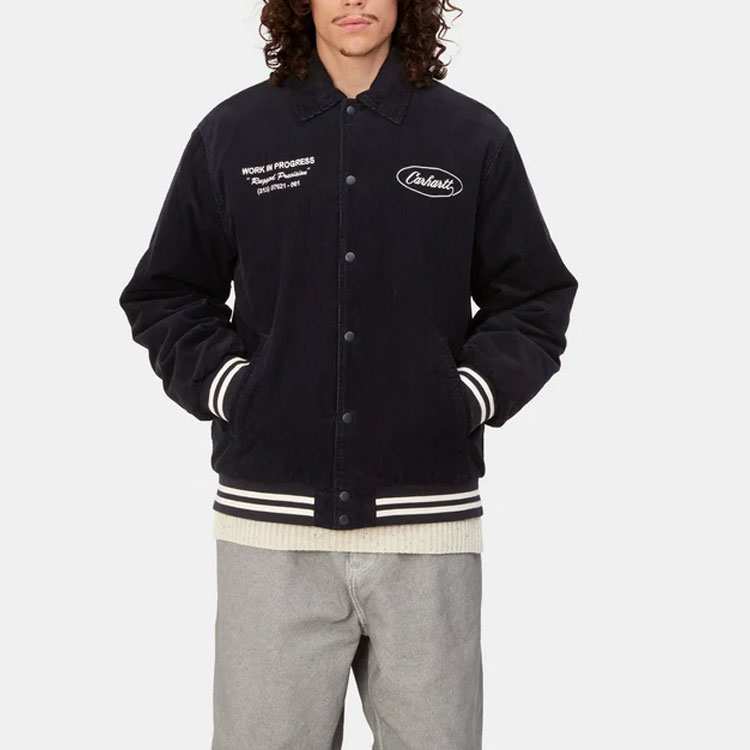 Details for Carhartt WIP FW23 Letterman Jacket Navy Unisex Jaket Kasual Bordir Keren I032436-0CO-XX