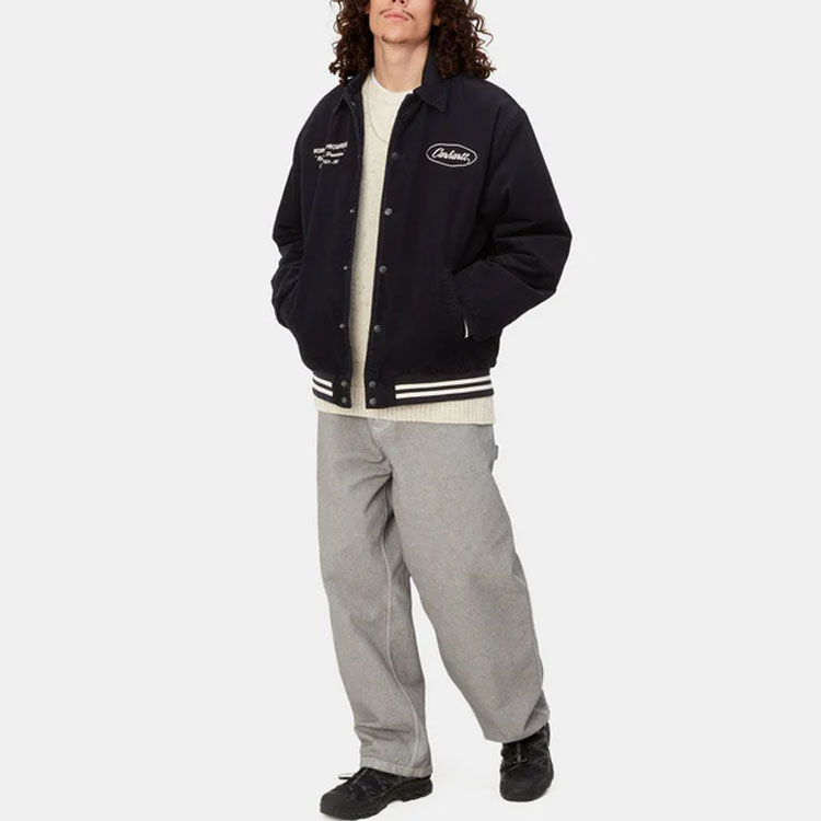 Sizing Carhartt WIP FW23 Letterman Jacket Navy Unisex Jaket Kasual Bordir Keren I032436-0CO-XX