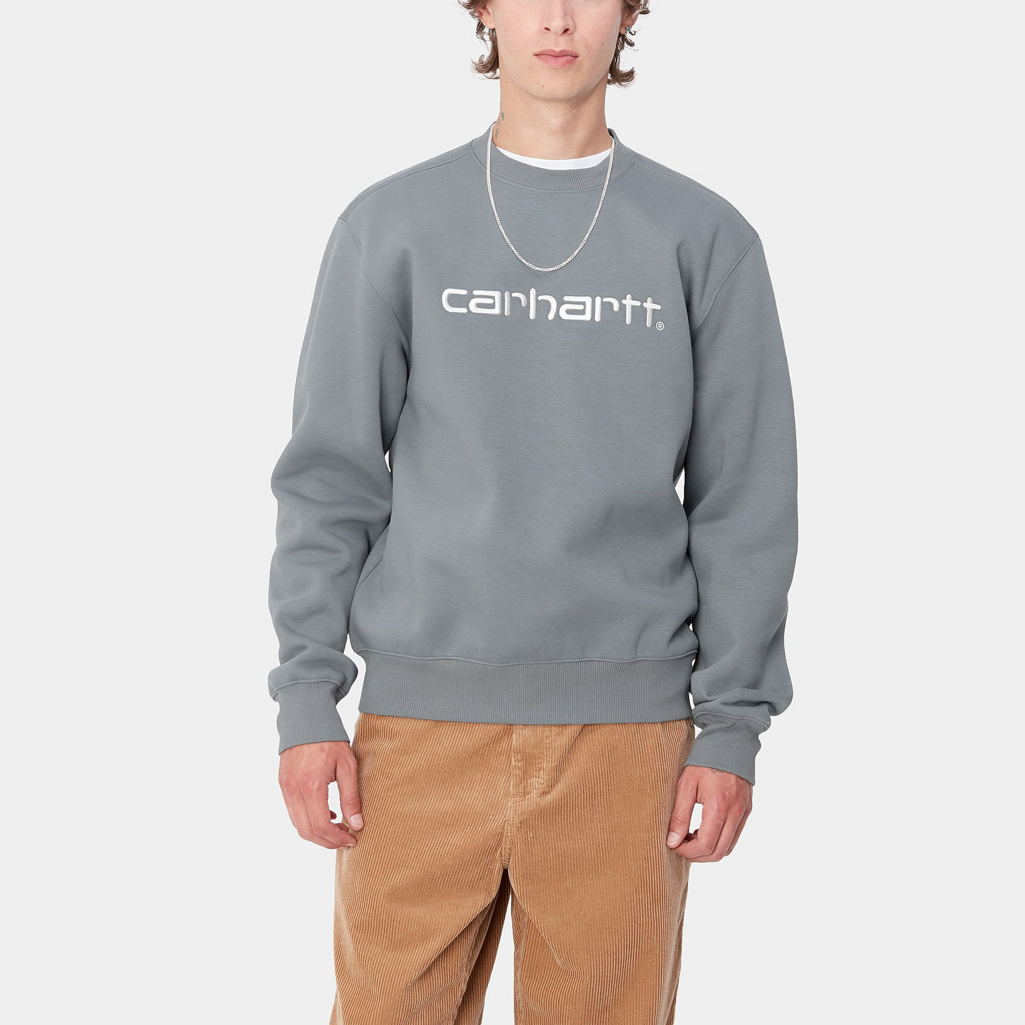 Shop 칼하트 WIP 그레이 레터 크루넥 긴팔 스웨트셔츠 풀오버 I030546-2IN-XX