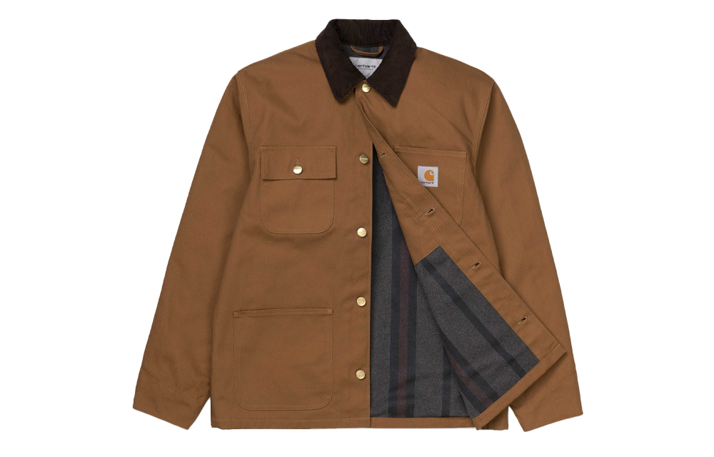 Shop Carhartt WIP Michigan Coat Coklat Jaket Gaya Vintage dengan Logo dan Fleece Lining I028425