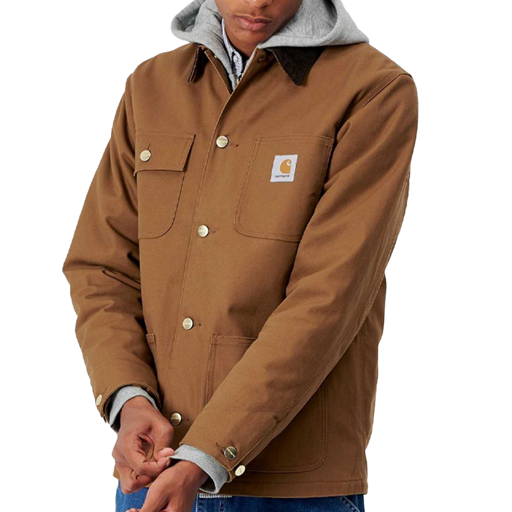 Sizing Carhartt WIP Michigan Coat Coklat Jaket Gaya Vintage dengan Logo dan Fleece Lining I028425