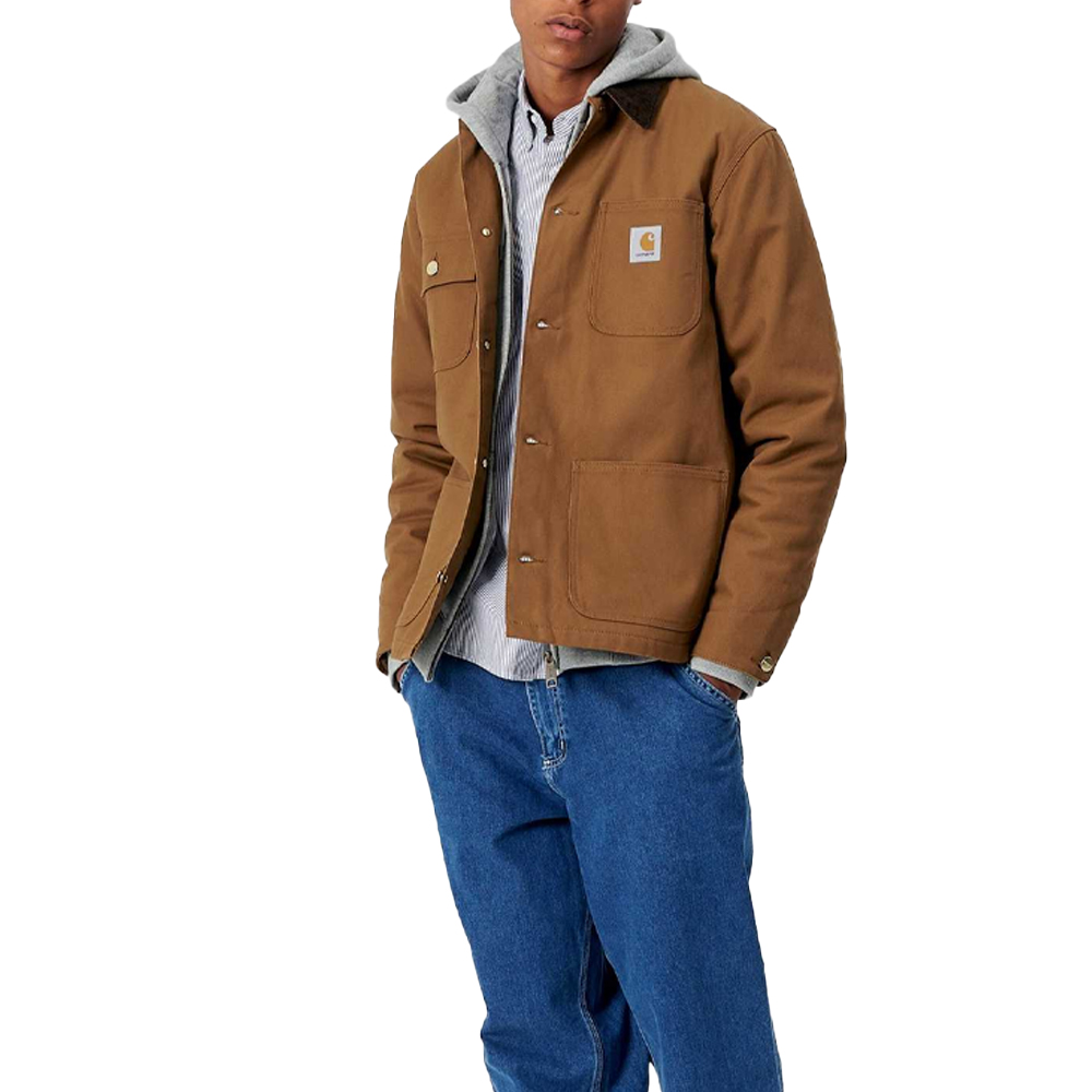 Cheap Carhartt WIP Michigan Coat Coklat Jaket Gaya Vintage dengan Logo dan Fleece Lining I028425