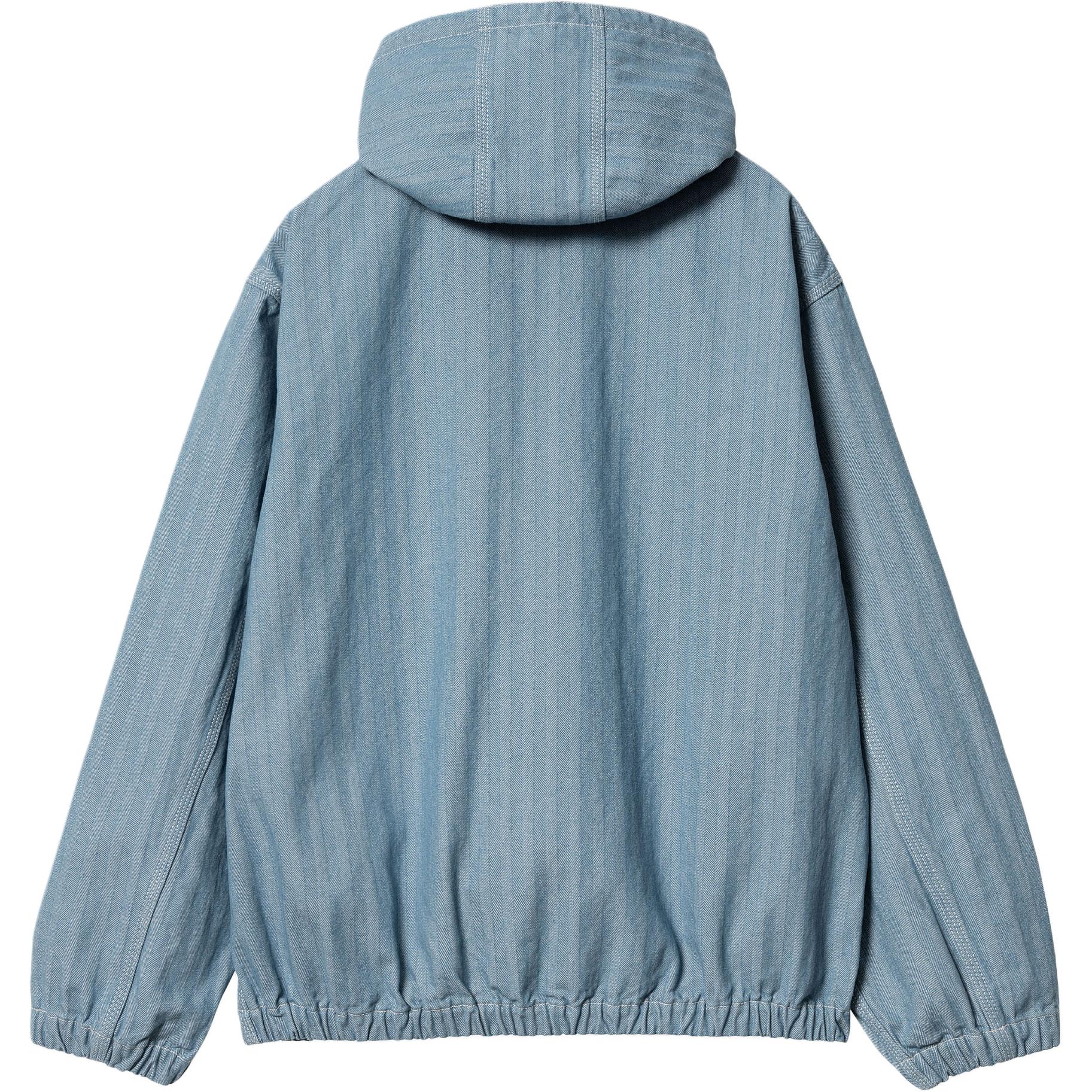 Lookbook Carhartt WIP SS24 Jaket Menard Unisex Biru dengan Poket Kanggaru & Jahitan Kontras. I033574-01-02