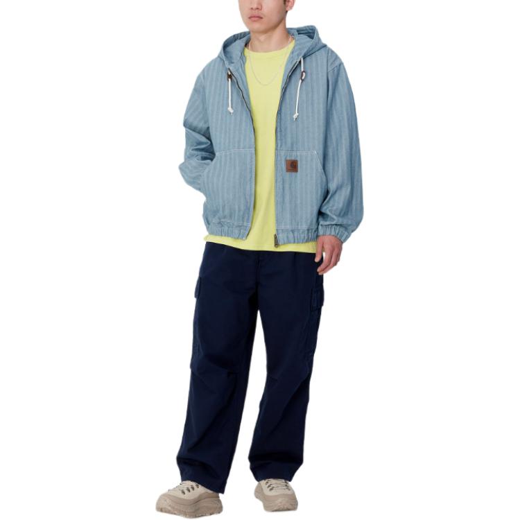 Shop Carhartt WIP SS24 Jaket Menard Unisex Biru dengan Poket Kanggaru & Jahitan Kontras. I033574-01-02