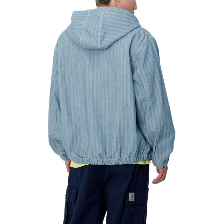 Details for Carhartt WIP SS24 Jaket Menard Unisex Biru dengan Poket Kanggaru & Jahitan Kontras. I033574-01-02