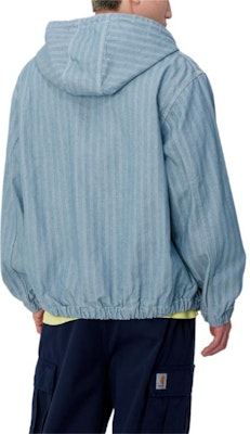 Carhartt WIP SS24 Jaket Menard Unisex Biru dengan Poket Kanggaru & Jahitan Kontras. I033574-01-02 Details for Carhartt WIP SS24 Jaket Menard Unisex Biru dengan Poket Kanggaru & Jahitan Kontras. I033574-01-02