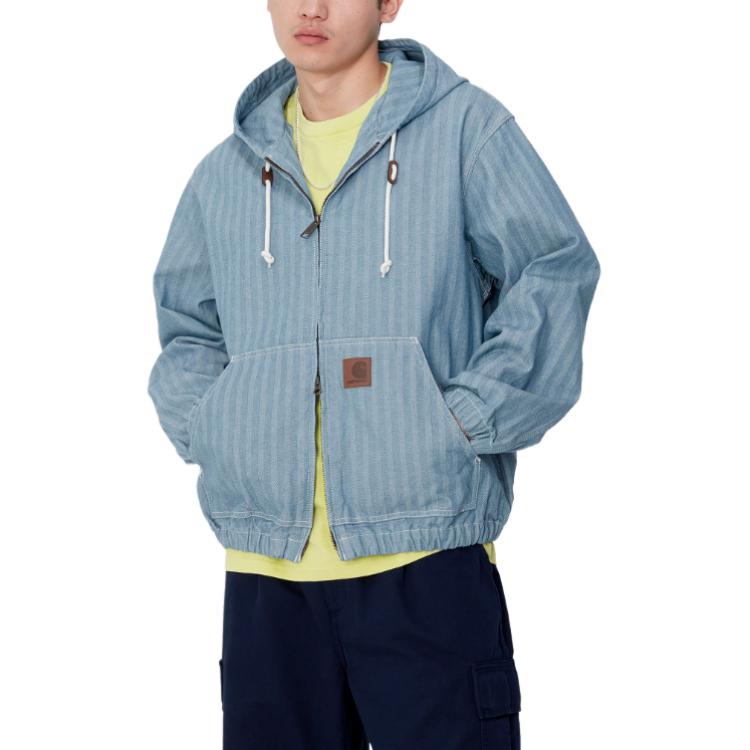 Sizing Carhartt WIP SS24 Jaket Menard Unisex Biru dengan Poket Kanggaru & Jahitan Kontras. I033574-01-02