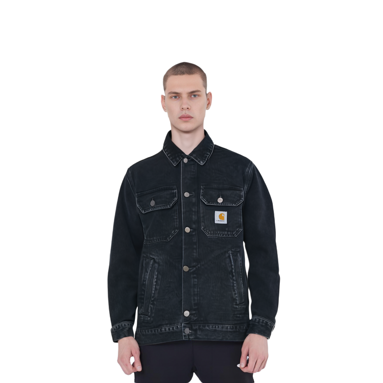 Shop Carhartt WIP Stetson Jacket Black Washed Cotton Casual Logo Collar Shirt Jacket I030283-89-06