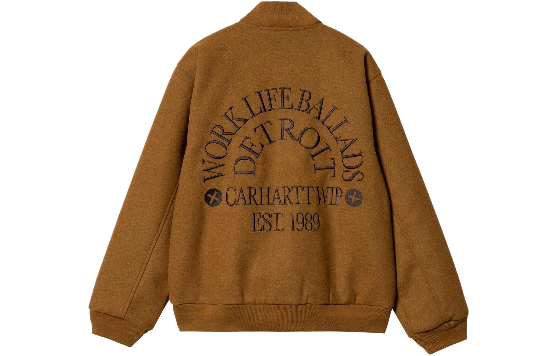 Lookbook 칼하트 WIP 옐로우 바시티 봄버 자켓 롱슬리브 야구 재킷. I032435-1NF-XX