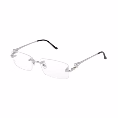 Cartier Panthère Rimless Silver Metal Rectangular Optical Glasses for Men. CT0281O-004