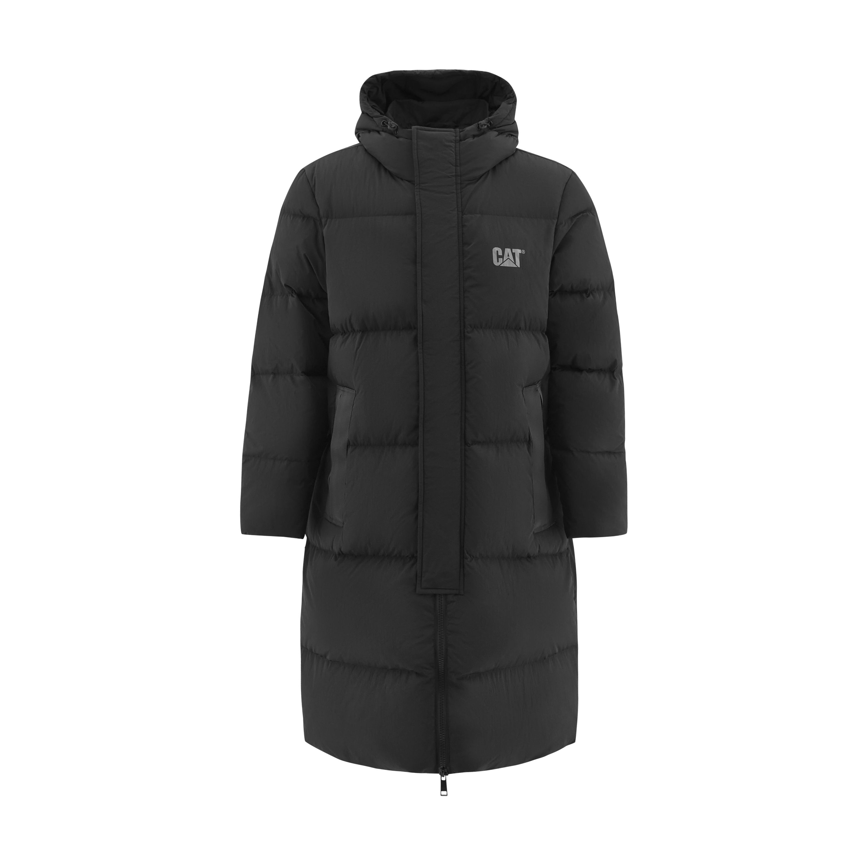 CAT  Long Hooded Down Jacket with Logo, Dual Zippers - Black CM3DWT41081