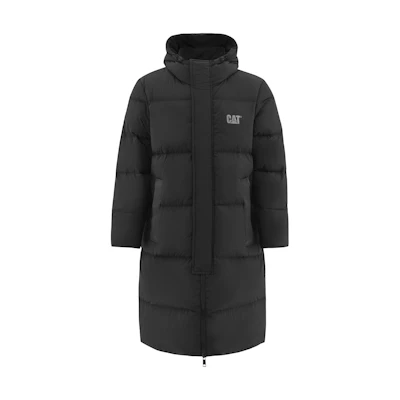 CAT Long Hooded Down Jacket with Logo, Dual Zippers - Black CM3DWT41081