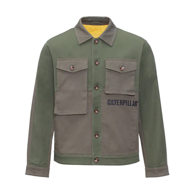 CAT Logo Patchwork Asymmetrical Pocket Workwear Jacket Dark Green Unisex CK3JAQ24081