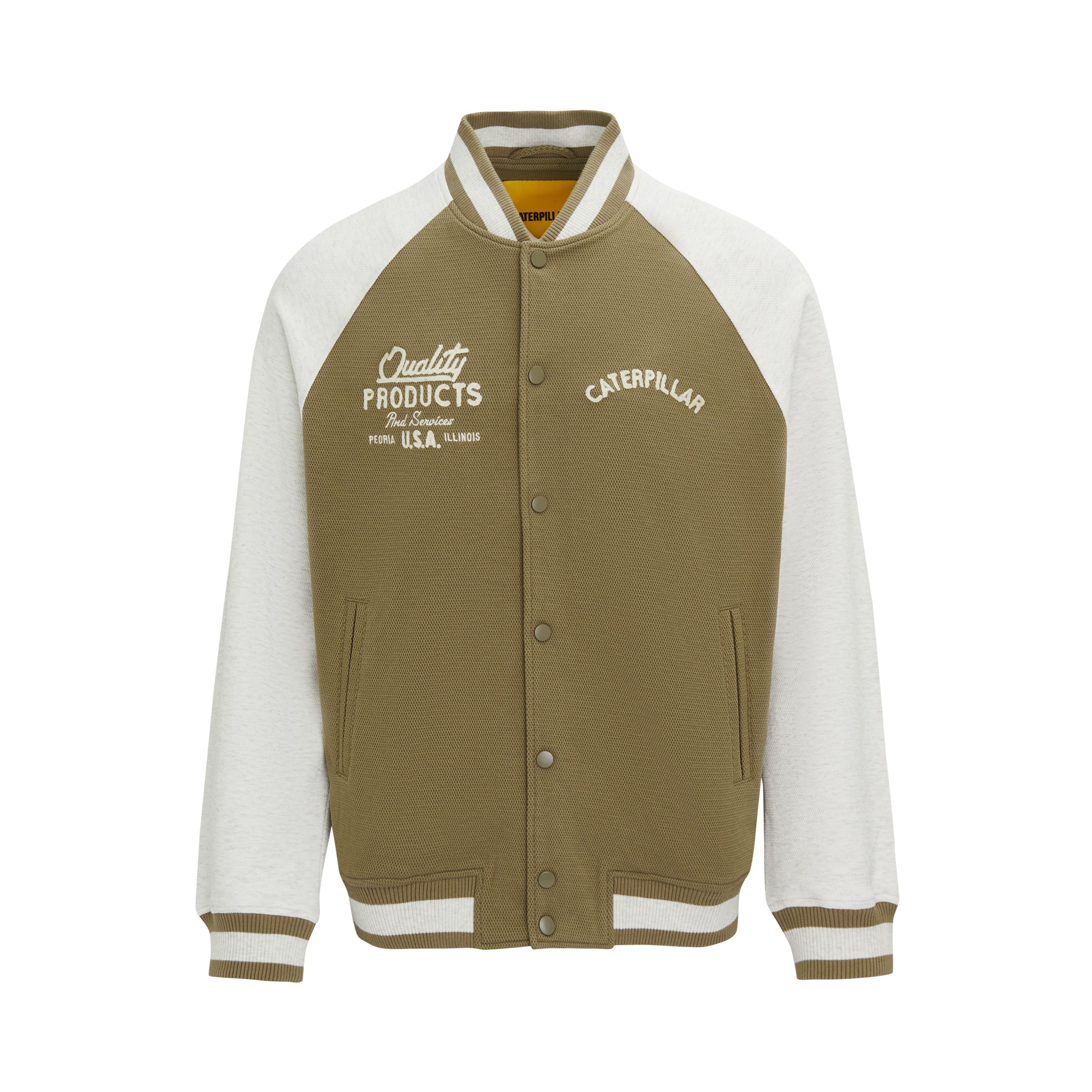 Lookbook Chaqueta Varsity Verde CAT Retro con Mangas Raglán y Botones. CN1JAU16071