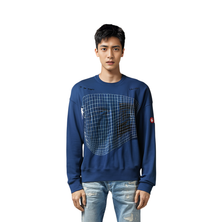 Sizing Cav Empt FW22 Sweatshirt Biru Pria Motif Geometris Waste Grid Crew Neck. CES22A40