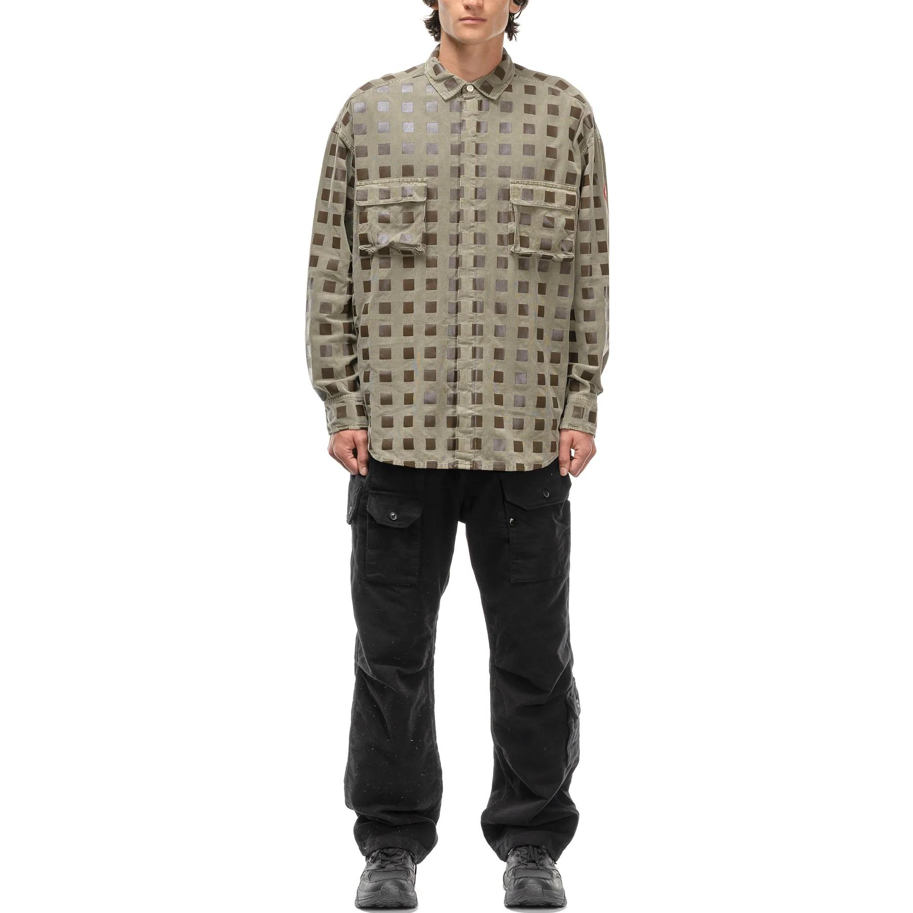 Lookbook Cav Empt SS23 긴팔 체크 셔츠 카키색 가슴 포켓. CES22SH06