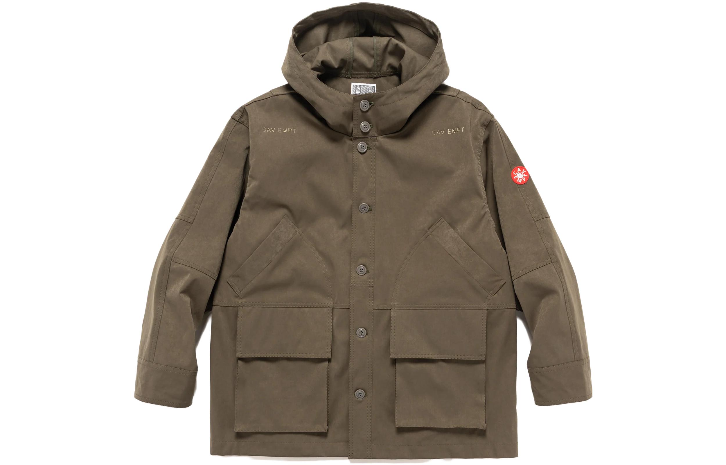 Cav Empt SS23 Khaki Hooded Jacket with Embroidered Lettering for Men CES23JK04