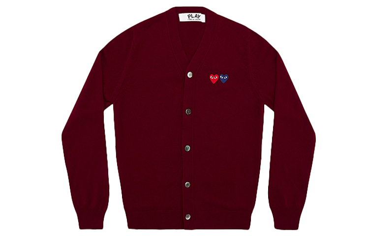 CDG Play Burgundy Wool Cardigan Sweater with Double Heart Logo. AZ-N058-051-4