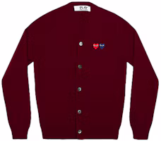 CDG Play Burgundy Wool Cardigan Sweater with Double Heart Logo. AZ-N058-051-4 CDG Play Burgundy Wool Cardigan Sweater with Double Heart Logo. AZ-N058-051-4