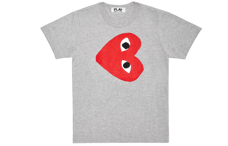 CDG Play Grey T-Shirt with Tilted Red Heart Print. AZ-T264-051-1