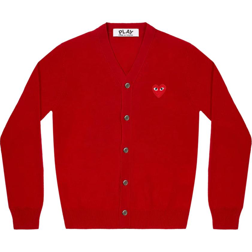 CDG Play Red Heart Embroidered Button-Up V-Neck Cardigan for Men. P1N080