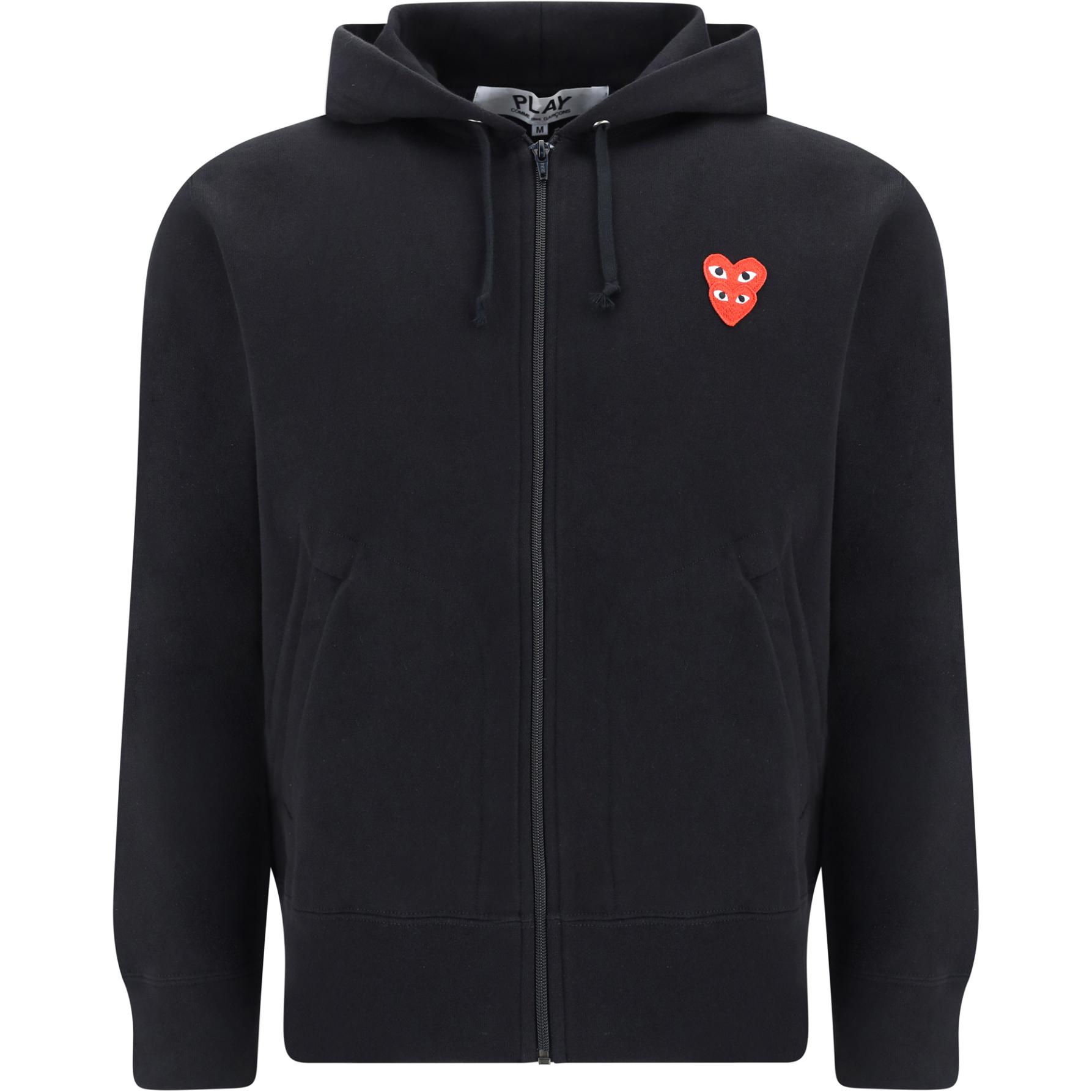 CDG Play Solid Black Zip-Up Hoodie with Logo Print for Men. AX-T294-051-1