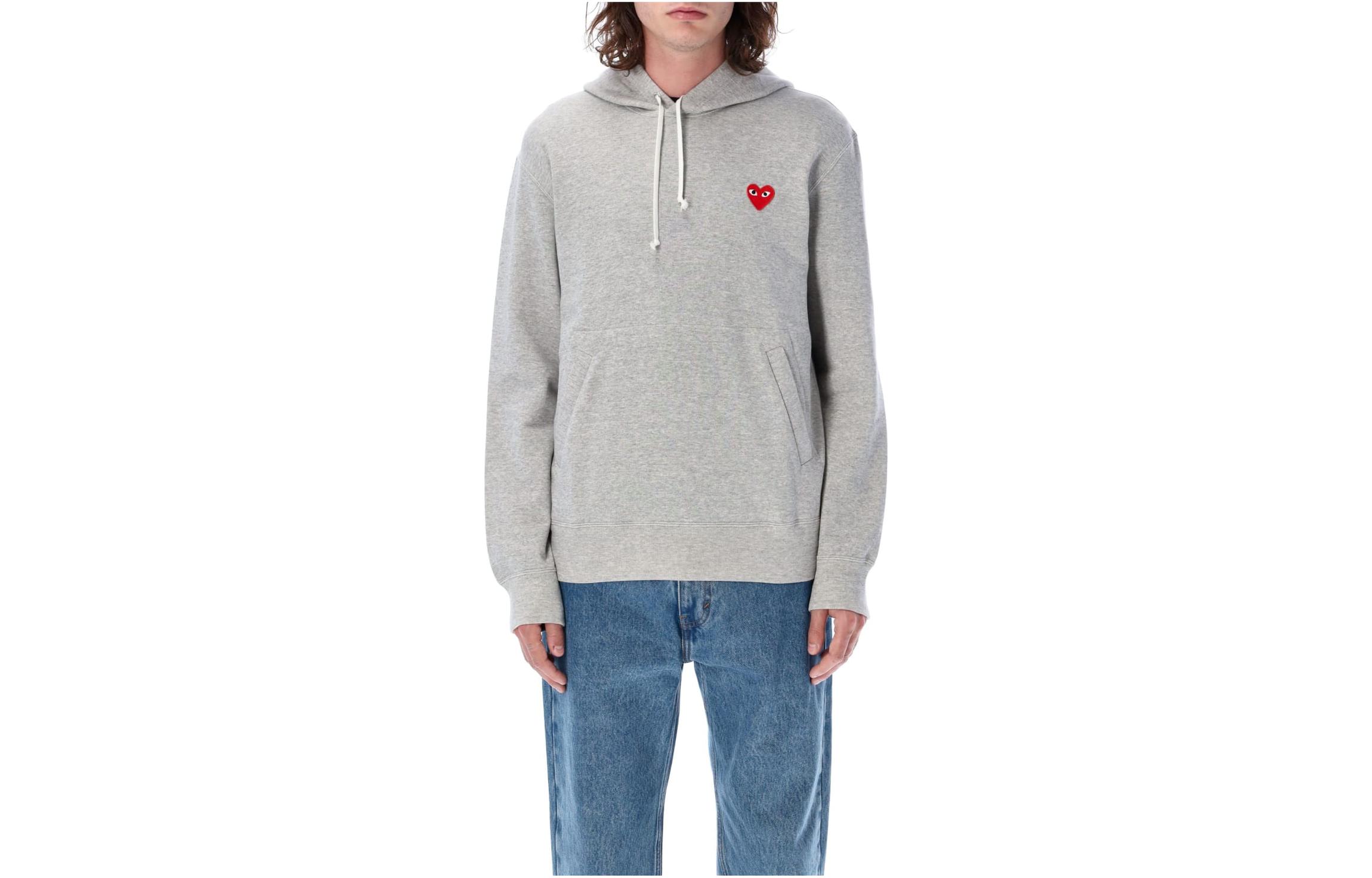 CDG Play SS23 Grey Hoodie with Heart Embroidery for Men. P1T170F1