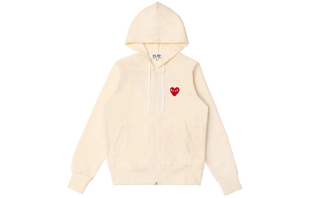 CDG Play SS24 Ivory Hoodie with Red Heart Logo and Kangaroo Pocket Unisex. AX-T172-051-IVORY
