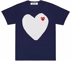 CDG Play SS24 Navy Blue Big White Heart Small Red Heart Tee Unisex AX-T184-051-NAVY CDG Play SS24 Navy Blue Big White Heart Small Red Heart Tee Unisex AX-T184-051-NAVY
