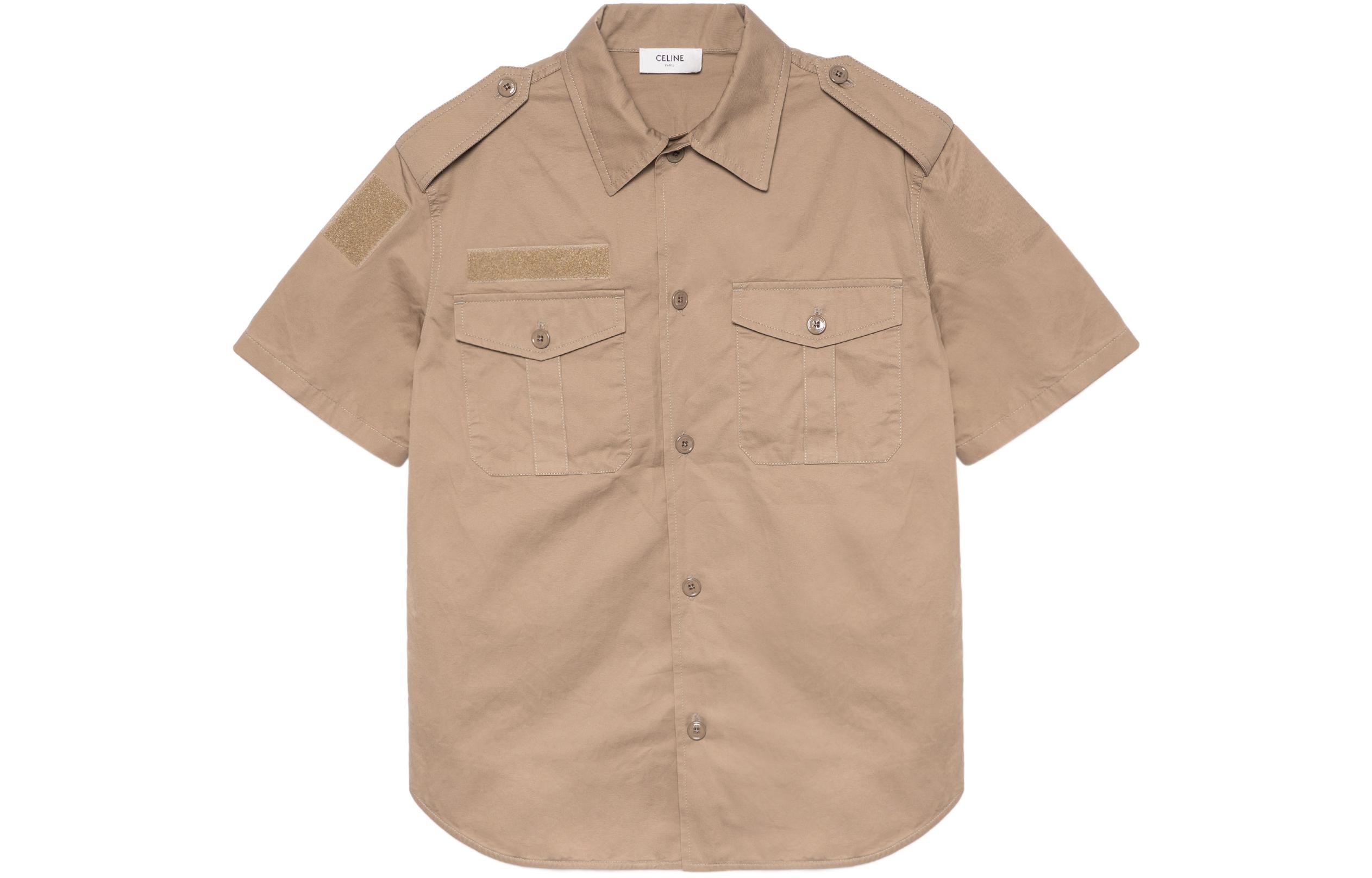 CELINE  Beige Short Sleeve Shirt with Patch Pocket and Velcro Closure 2C881219I-02BG