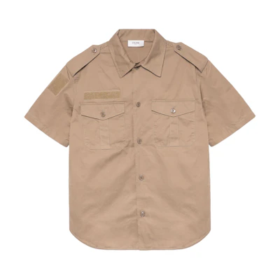 CELINE Beige Short Sleeve Shirt with Patch Pocket and Velcro Closure 2C881219I-02BG