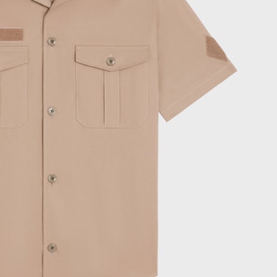 CELINE Beige Short Sleeve Shirt with Patch Pocket and Velcro Closure 2C881219I-02BG Sizing CELINE Beige Short Sleeve Shirt with Patch Pocket and Velcro Closure 2C881219I-02BG