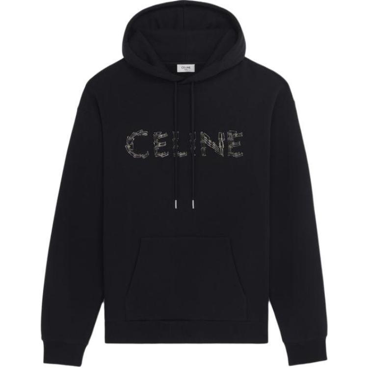 CELINE  Black Logo Embroidered Oversized Hoodie with Drawstrings. 2Y697670Q-38NO