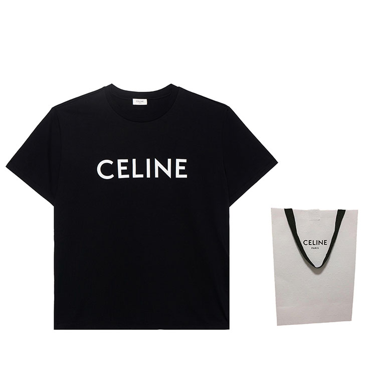 Shop CELINE  Black Pure Color Logo Print Short Sleeve T-Shirt. 2X681671Q-38AW