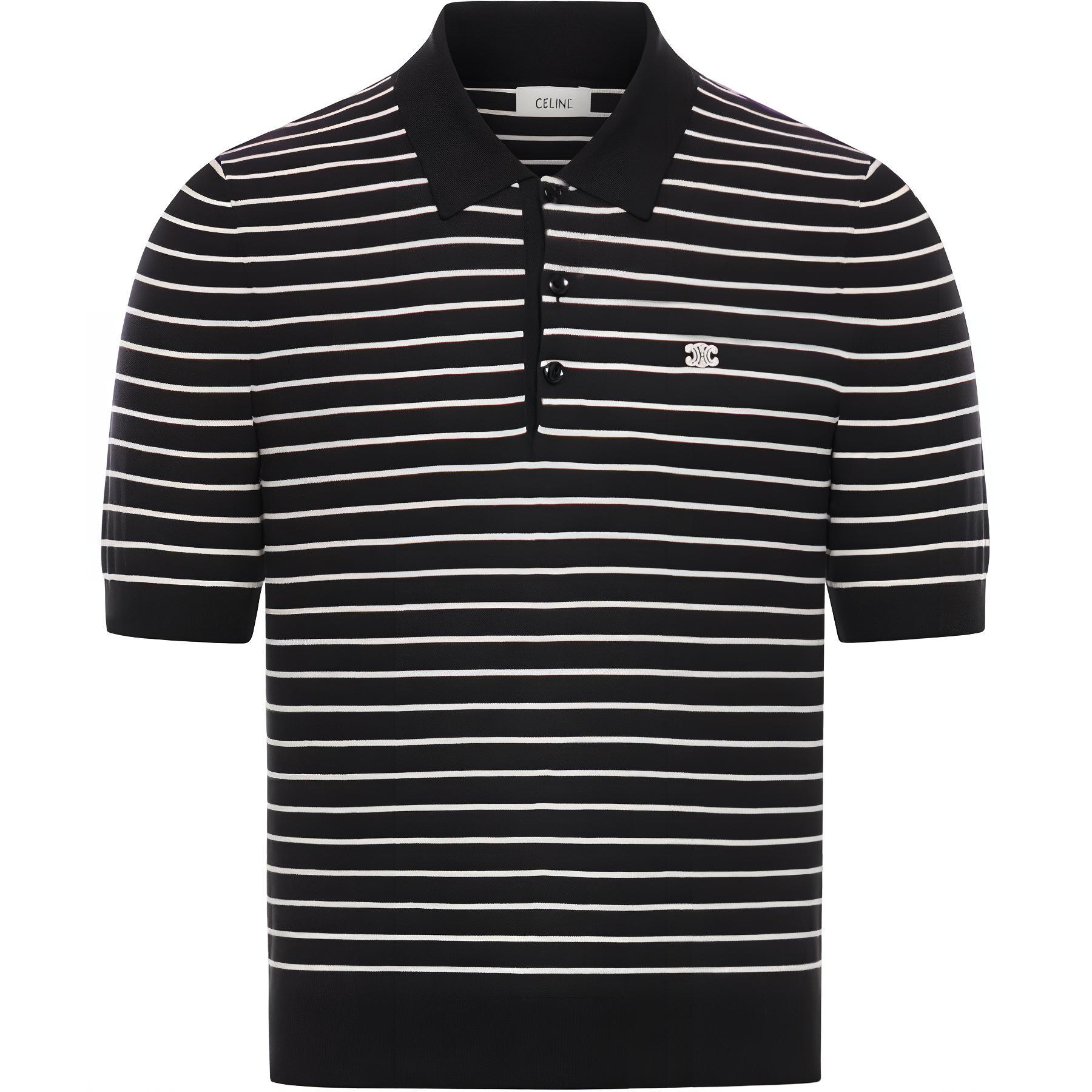 CELINE  Black Striped Half-Placket Short-Sleeve Polo Shirt. 2ADCT367Y-38EC