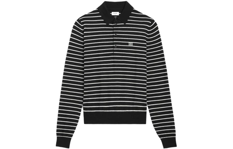 CELINE  Black Striped Triomphe Embroidered Long-Sleeve Wool Polo Shirt. 2ADC7276W-38EC