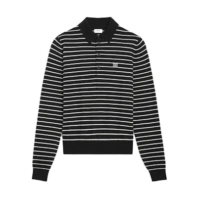 CELINE Black Striped Triomphe Embroidered Long-Sleeve Wool Polo Shirt. 2ADC7276W-38EC