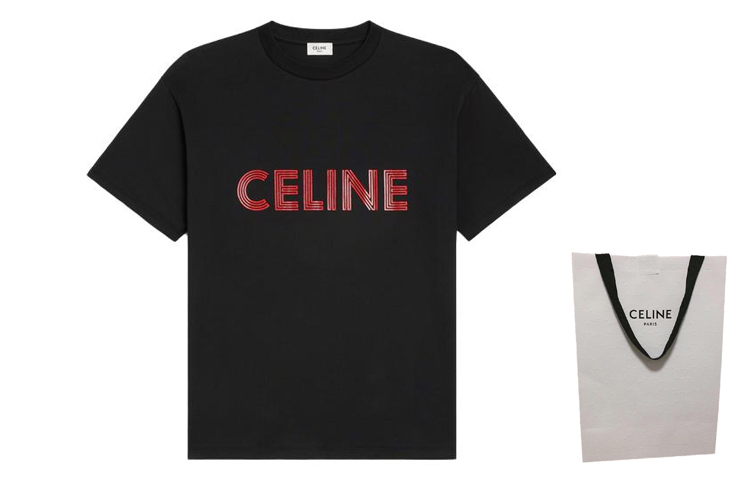 Shop CELINE Kaos Hitam Logo Huruf Crew Neck Lengan Pendek. 2X51I671Q-38BR