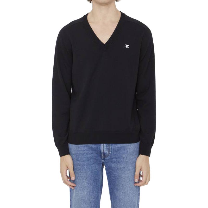 Shop CELINE Suéter Negro Escote en V con Color Sólido y Bordado del Logotipo. 2AG26322U38NO