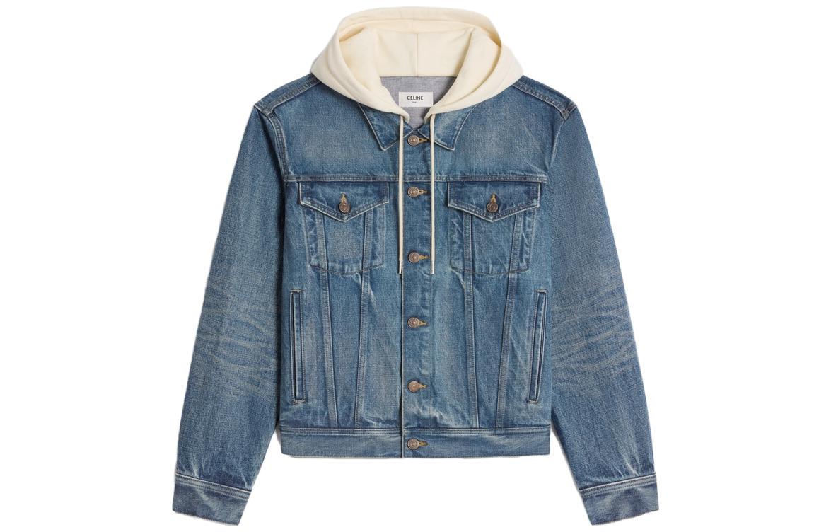 Order CELINE Jaket Denim Biru dengan Patchwork Logo Print Lengan Panjang. 2Q858930F-07UW