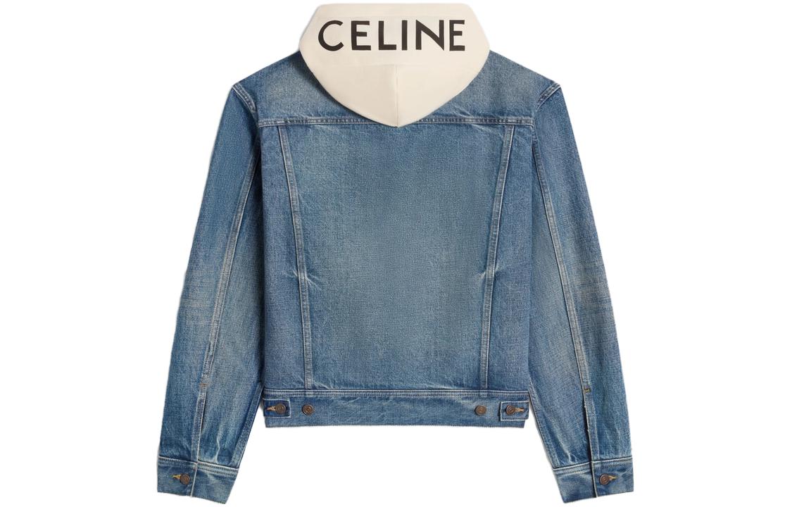 Lookbook CELINE Jaket Denim Biru dengan Patchwork Logo Print Lengan Panjang. 2Q858930F-07UW