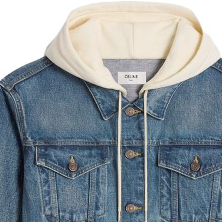 Cheap CELINE Jaket Denim Biru dengan Patchwork Logo Print Lengan Panjang. 2Q858930F-07UW