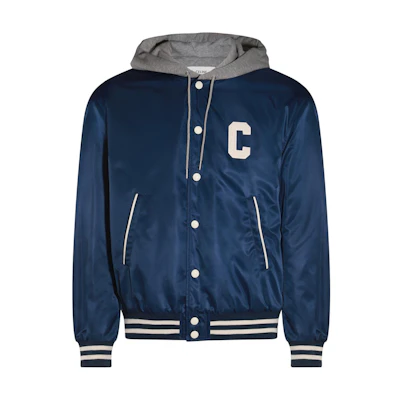 CELINE Blue Striped Letter Print Hooded Jacket with Button Closure. 2W15A227R-07MR