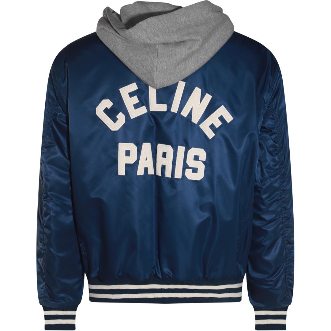 Lookbook CELINE Jaket Hoodie Biru Striped dengan Cetak Huruf dan Kancing. 2W15A227R-07MR