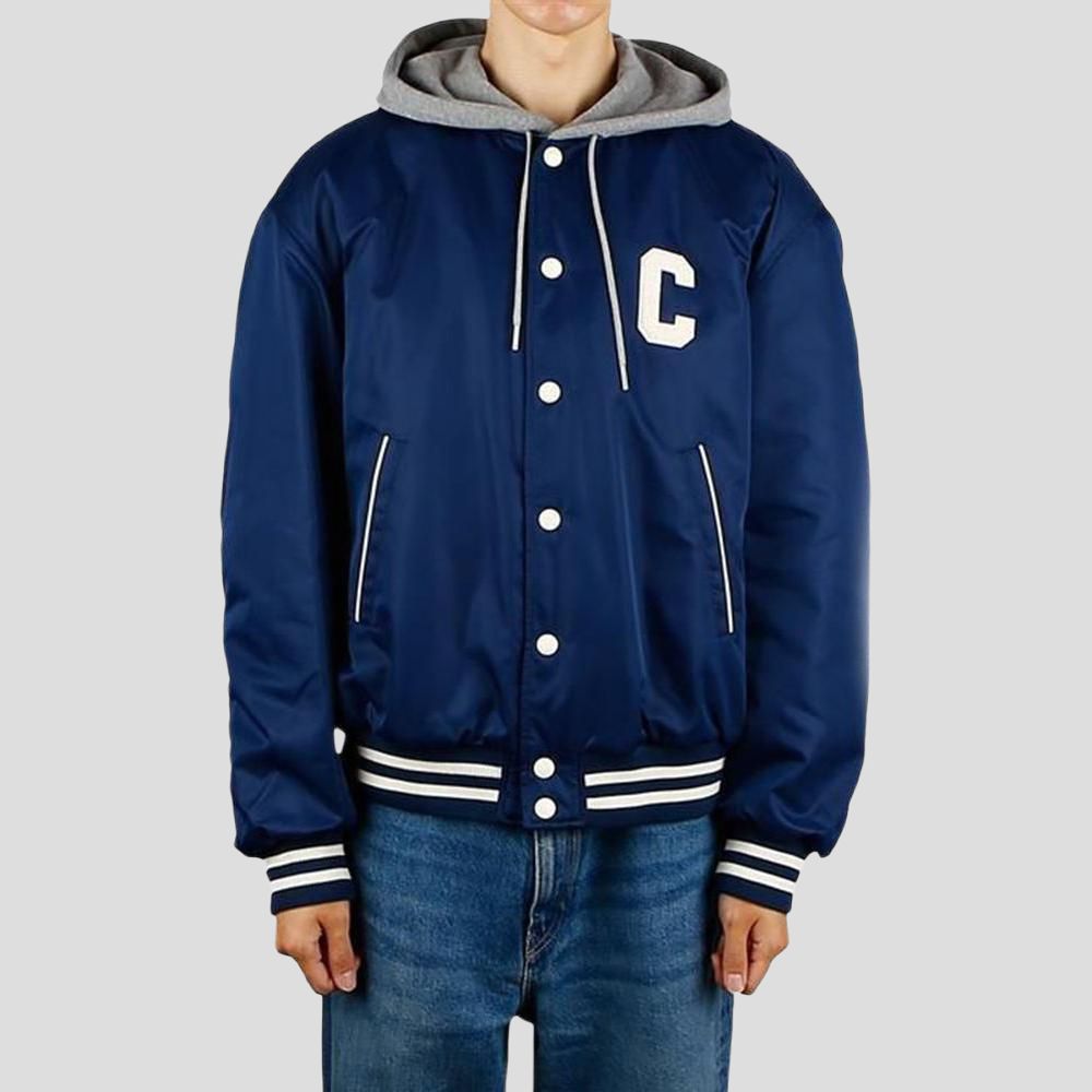 Shop CELINE Jaket Hoodie Biru Striped dengan Cetak Huruf dan Kancing. 2W15A227R-07MR