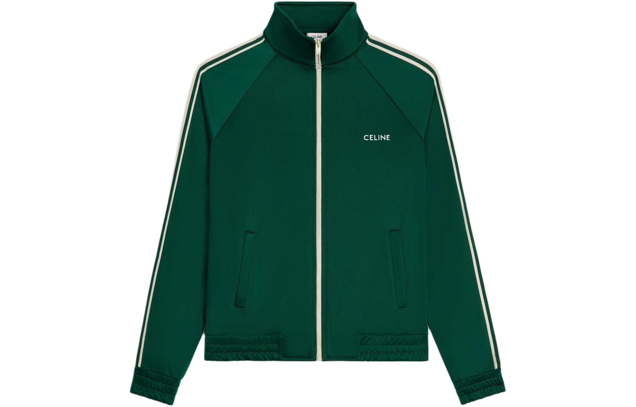 CELINE  Bottle Green Logo Print Striped Zip-Up Casual Jacket. 2Y99E859W-55VZ