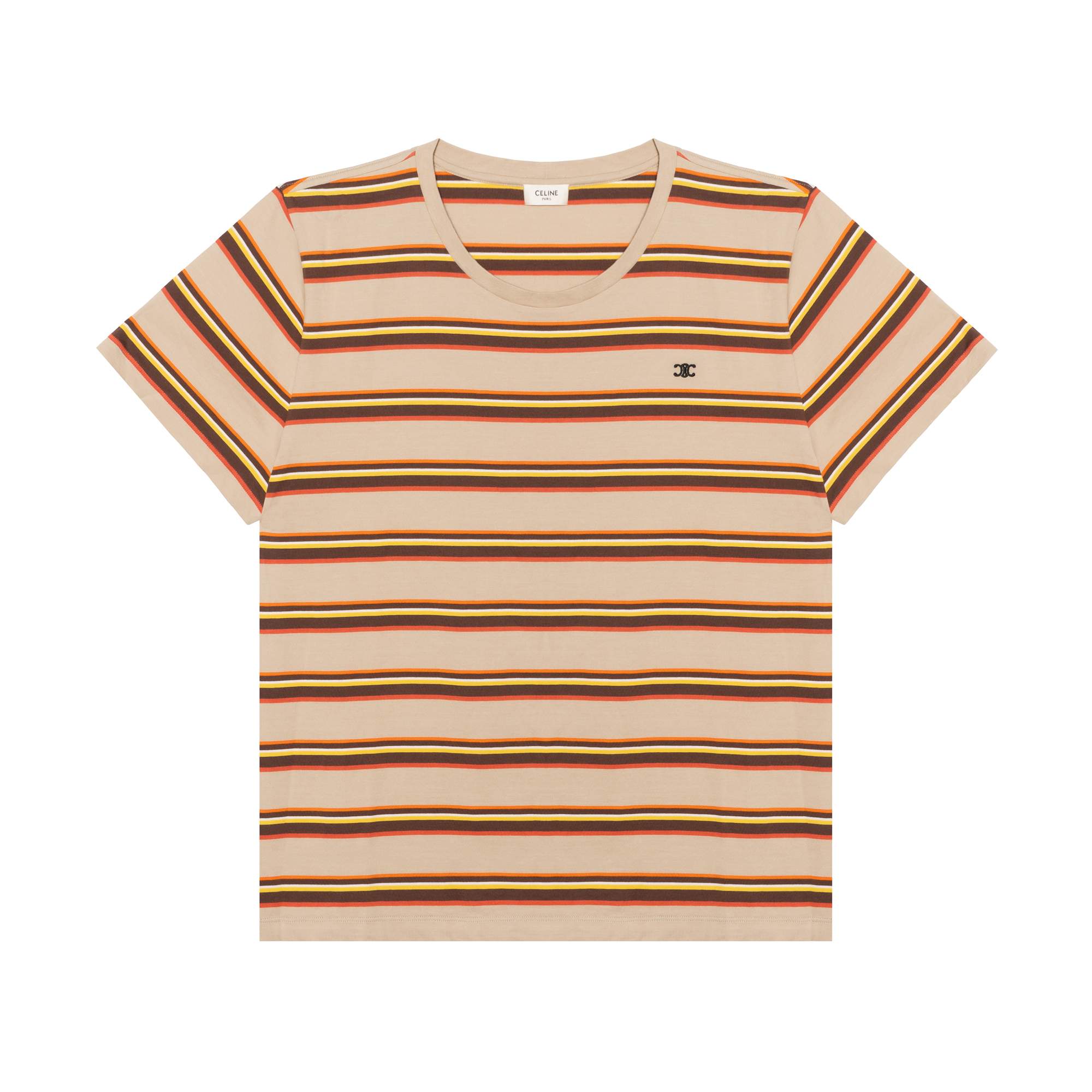 CELINE  Brown Striped Colorblock Logo Embroidered Crewneck T-Shirt 2X392305I-02MD