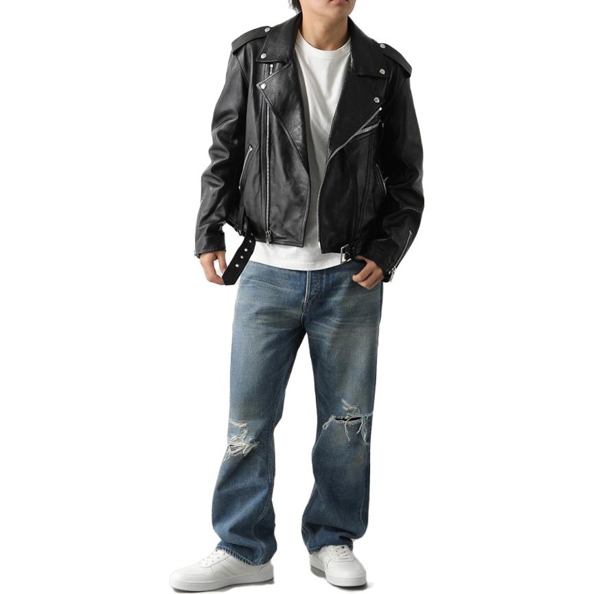 Shop CELINE  Dysfunctional Bauhaus Black Leather Jacket with Belt Decor. 2EE31280D-38NO