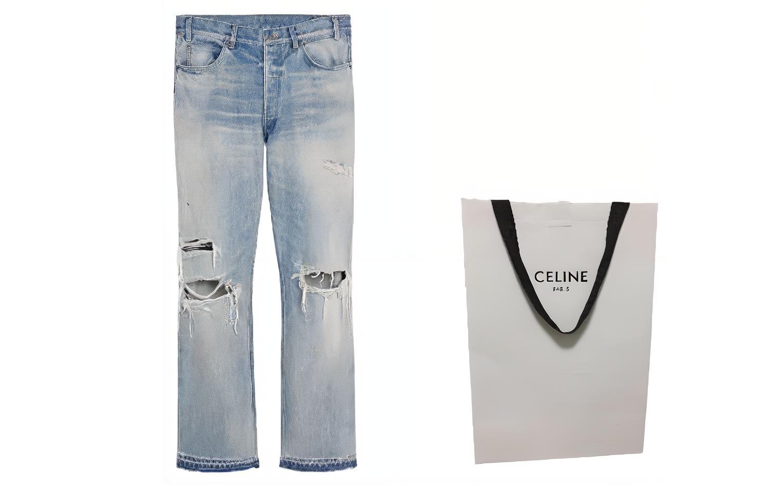 Shop CELINE FW22 Jeans Biru Poket Lurus Distressed 2N833033S-08WT